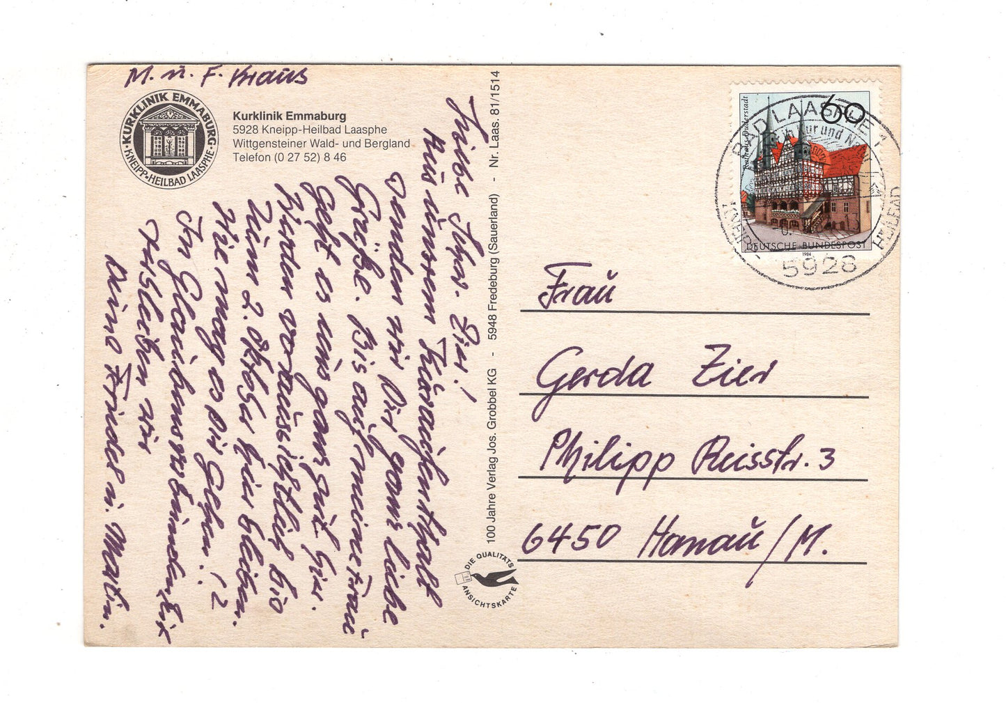 Ansichtskarte Bad Laasphe / Kurklinik Emmaburg / I1-66