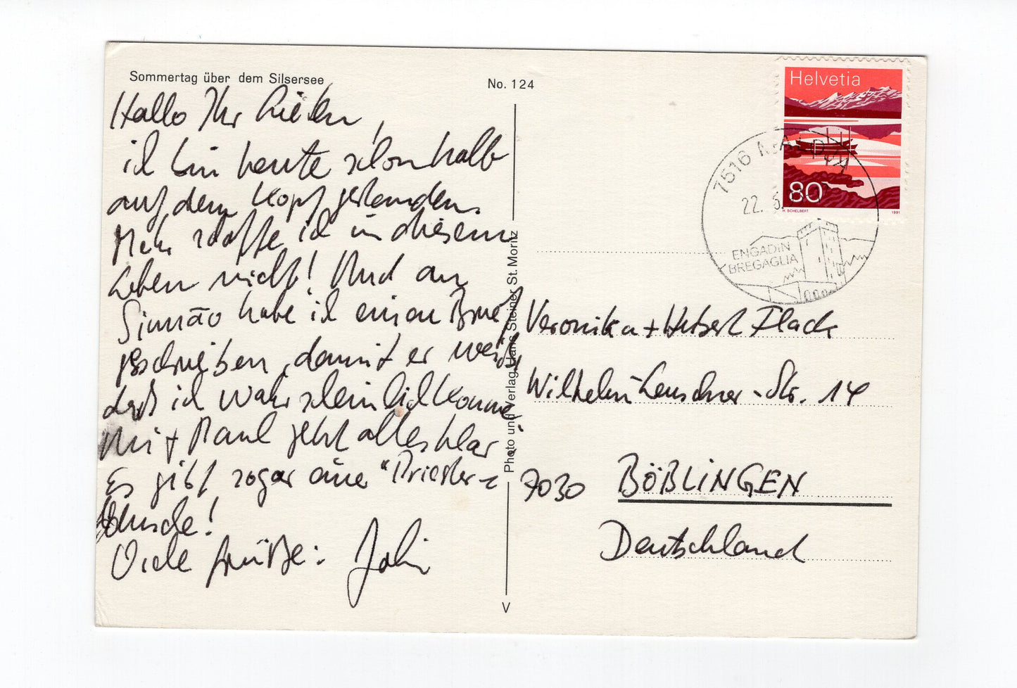 Ansichtskarte Sommertag über dem Silsersee / Schweiz