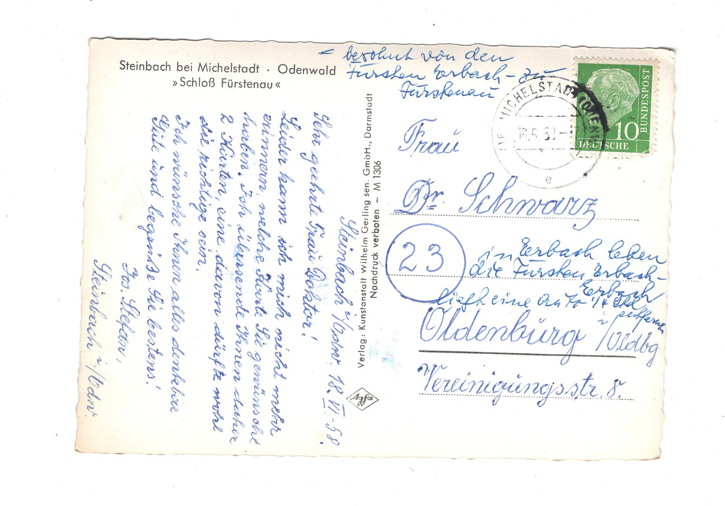 Ansichtskarte Steinbach bei Michelstadt / Odenwald / Schloss Fürstenau