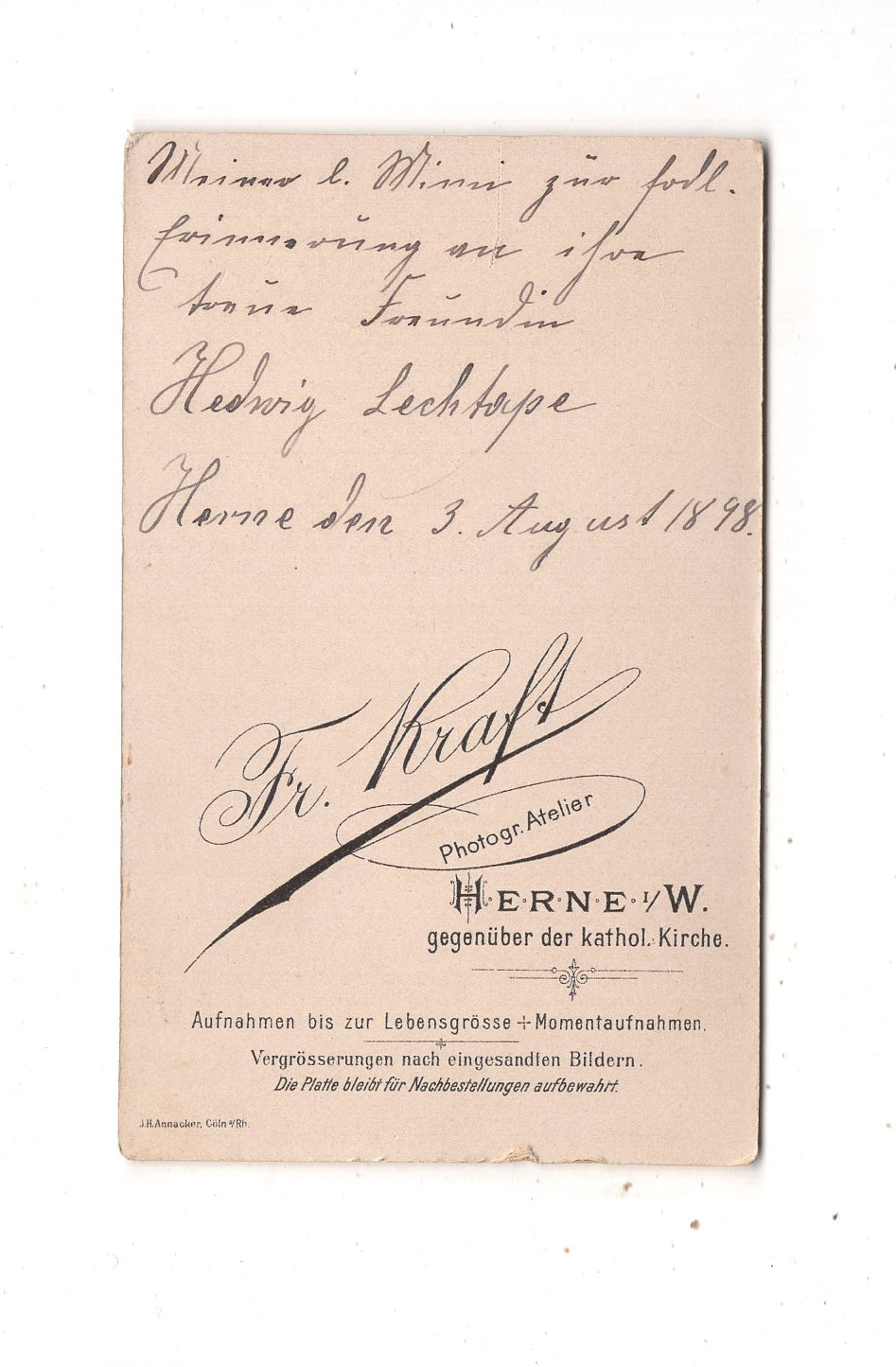 Fotografie Damenportrait mit Widmung - Herne 1898