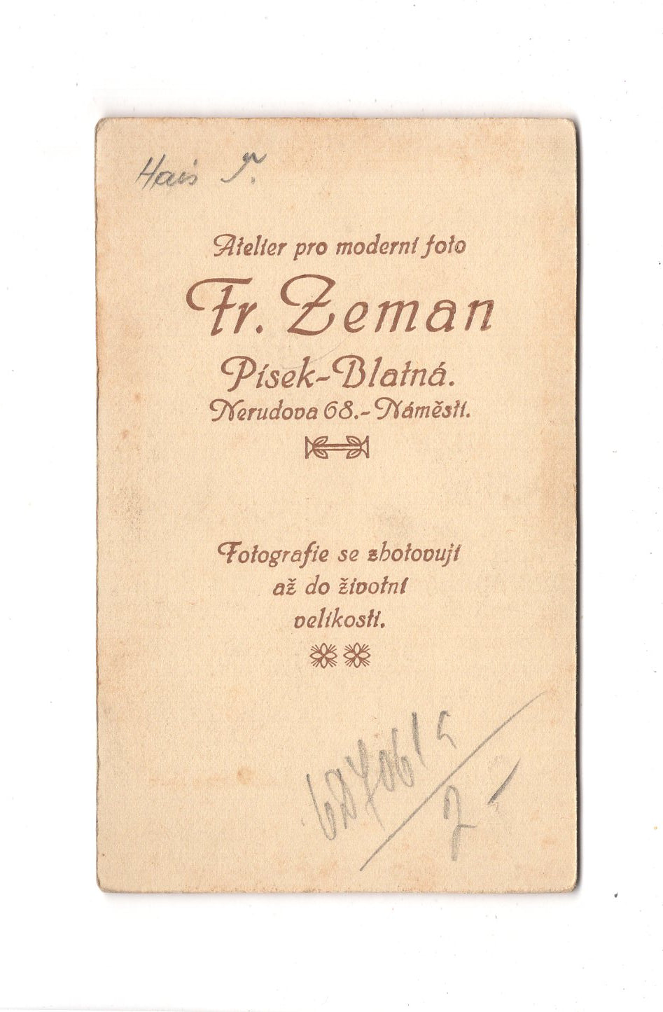 Fotografie Herrenportrait - Pisek-Blatna um 1920 / CDV C1-21