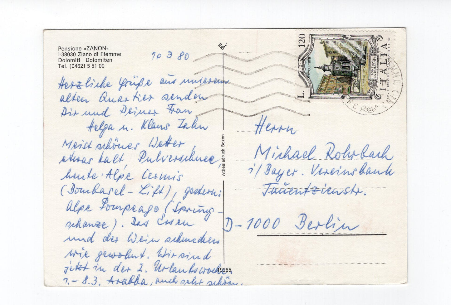 Ansichtskarte Pensione Zanon / Ziano di Fiemme / Dolomiten / Südtirol / Italien