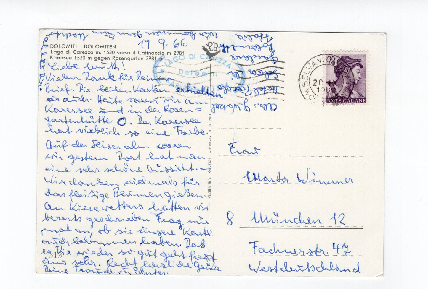 Ansichtskarte Karersee gegen Rosengarten / Südtirol / Italien