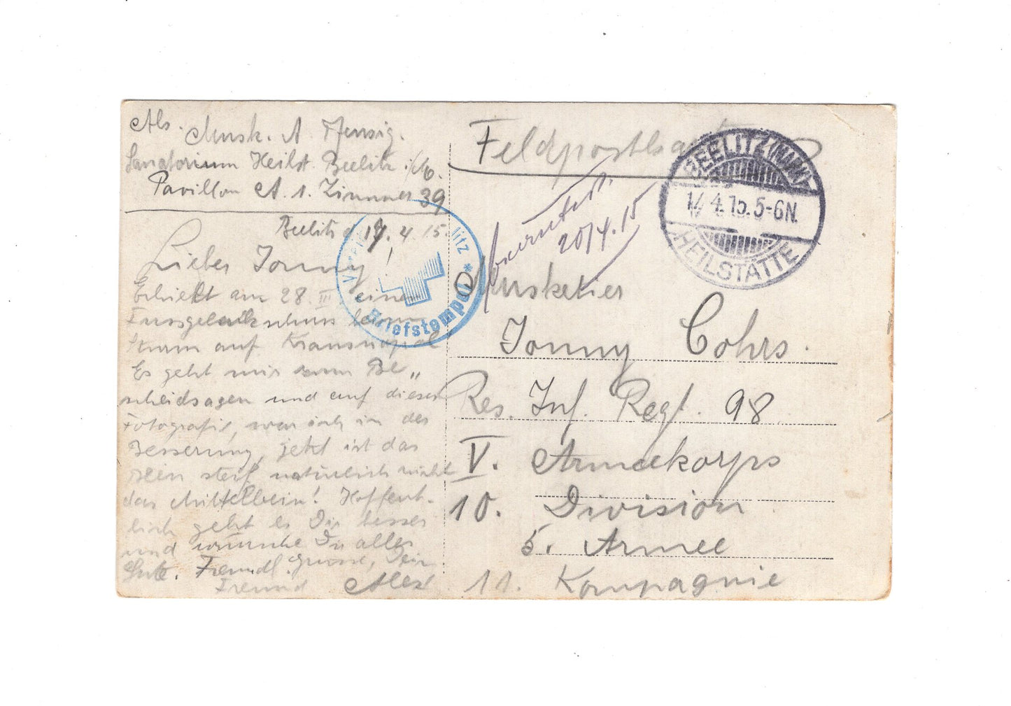 Ansichtskarte / Foto / Feldpost Soldat im Lazarett - Beelitz 1915