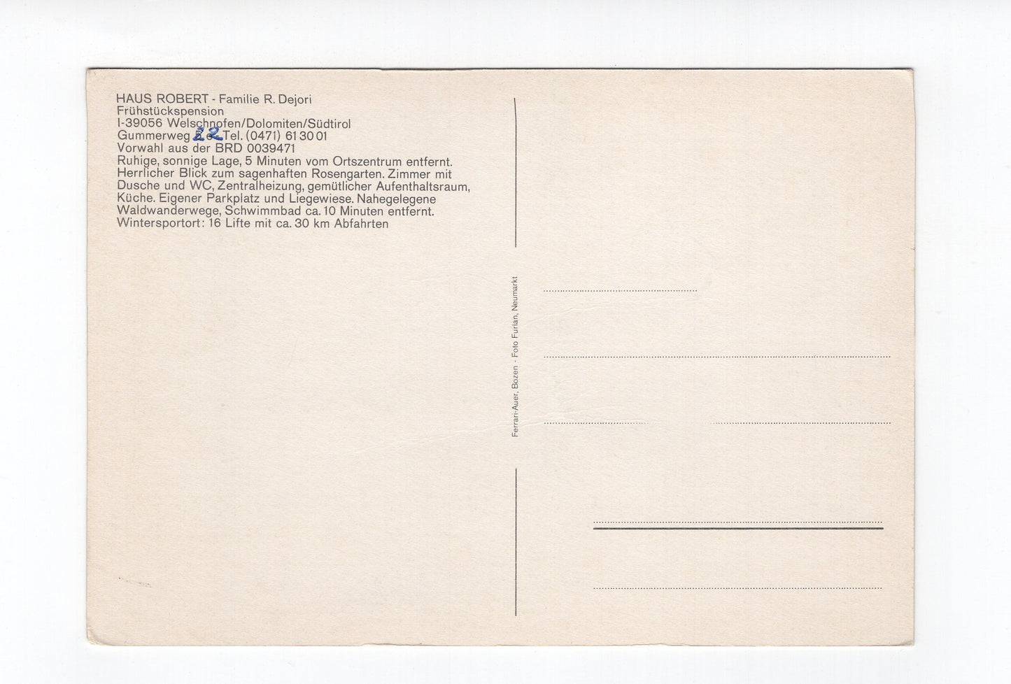 Ansichtskarte Haus Robert / Welschnofen / Dolomiten / Südtirol / Italien