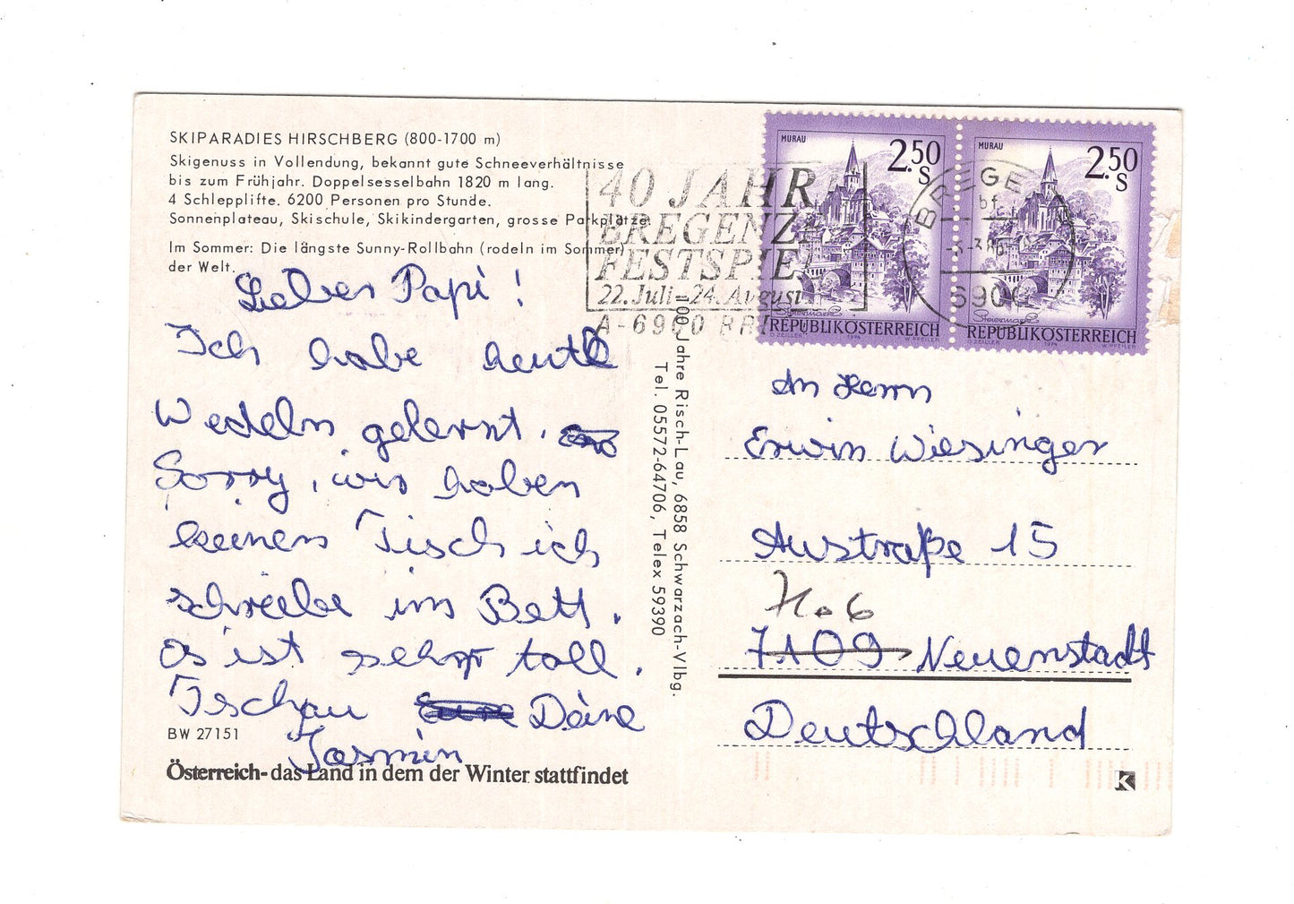 Ansichtskarte Bizau / Skiparadies Hirschberg / Österreich