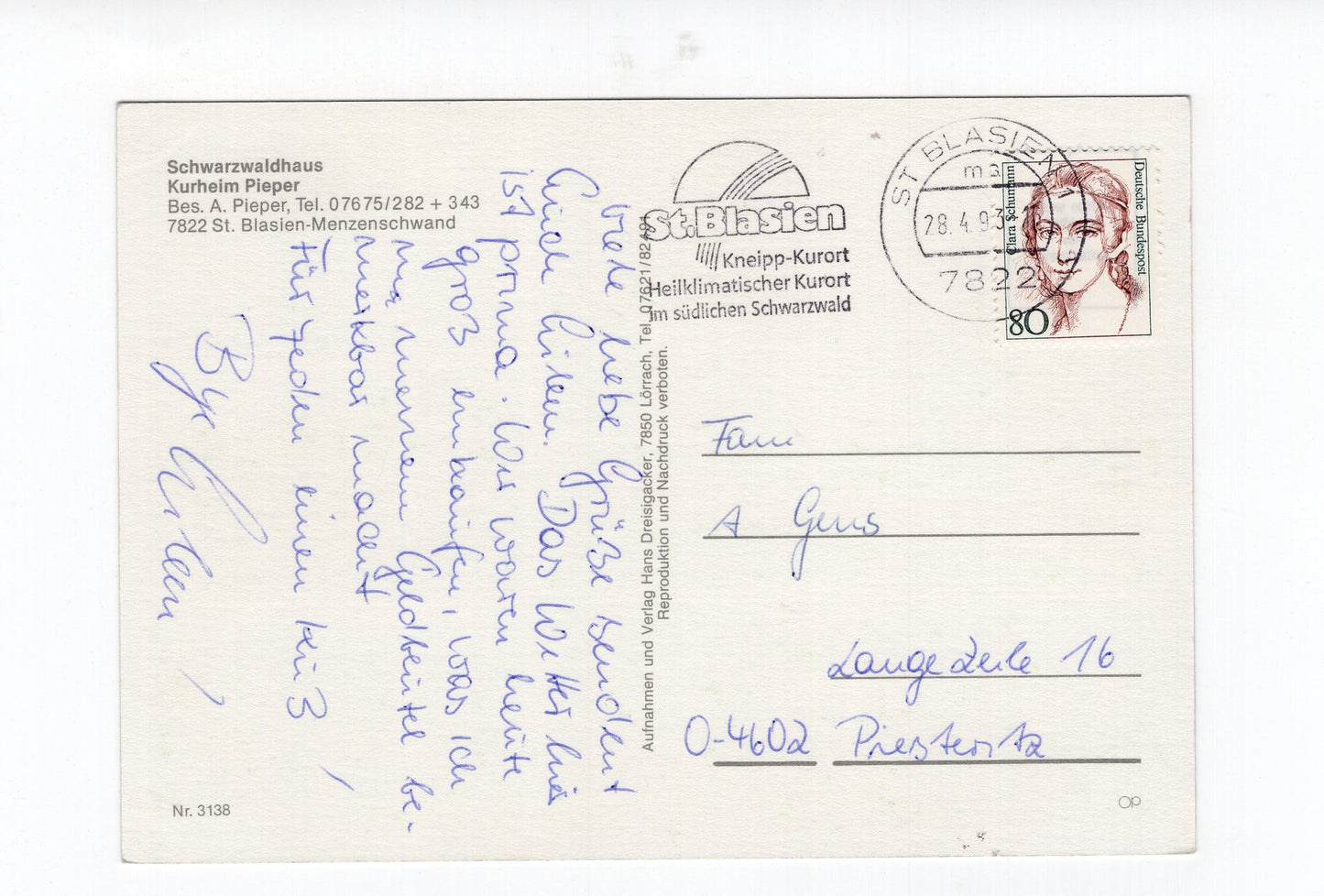 Ansichtskarte Schwarzwaldhaus Kurheim Pieper / St. Blasien-Menzenschwand