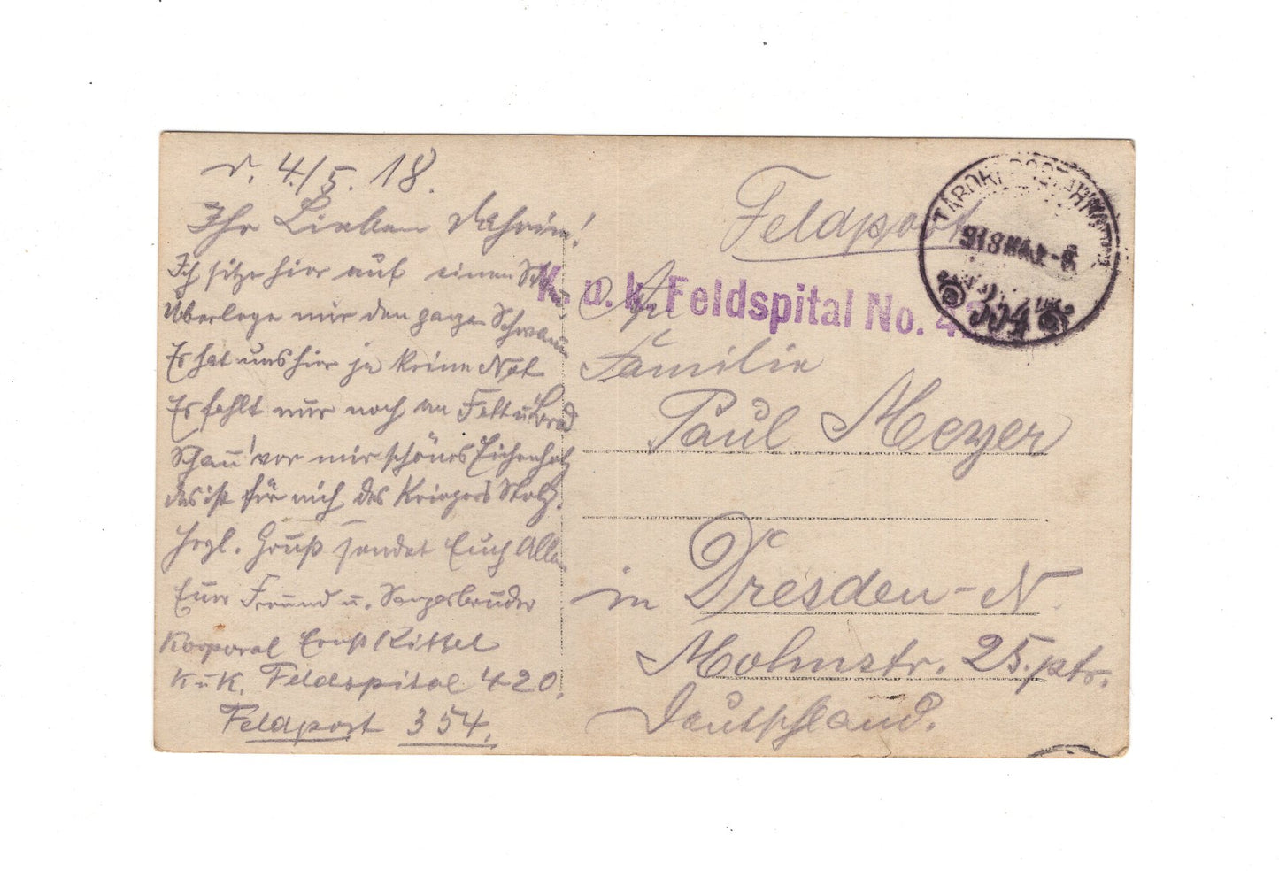 Ansichtskarte / Feldpost / K. u. k. Soldat mit Orden - 1918