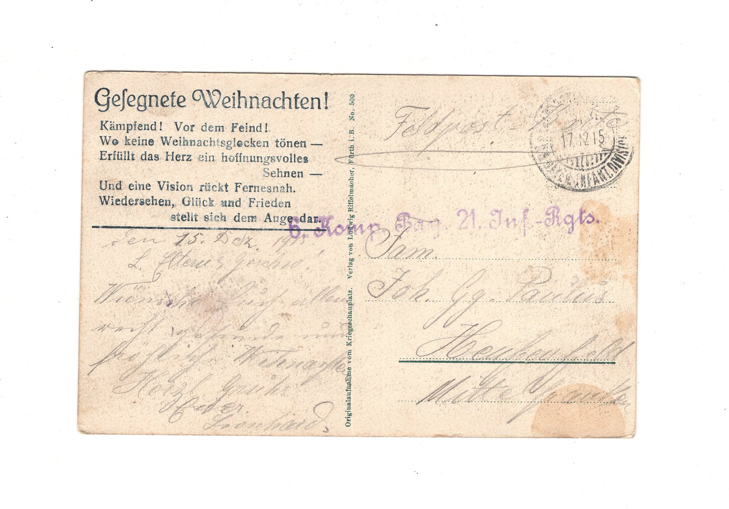 Ansichtskarte / Feldpost / Feldgottesdienst / Bay. 21. Inf.-Regt. - 1915