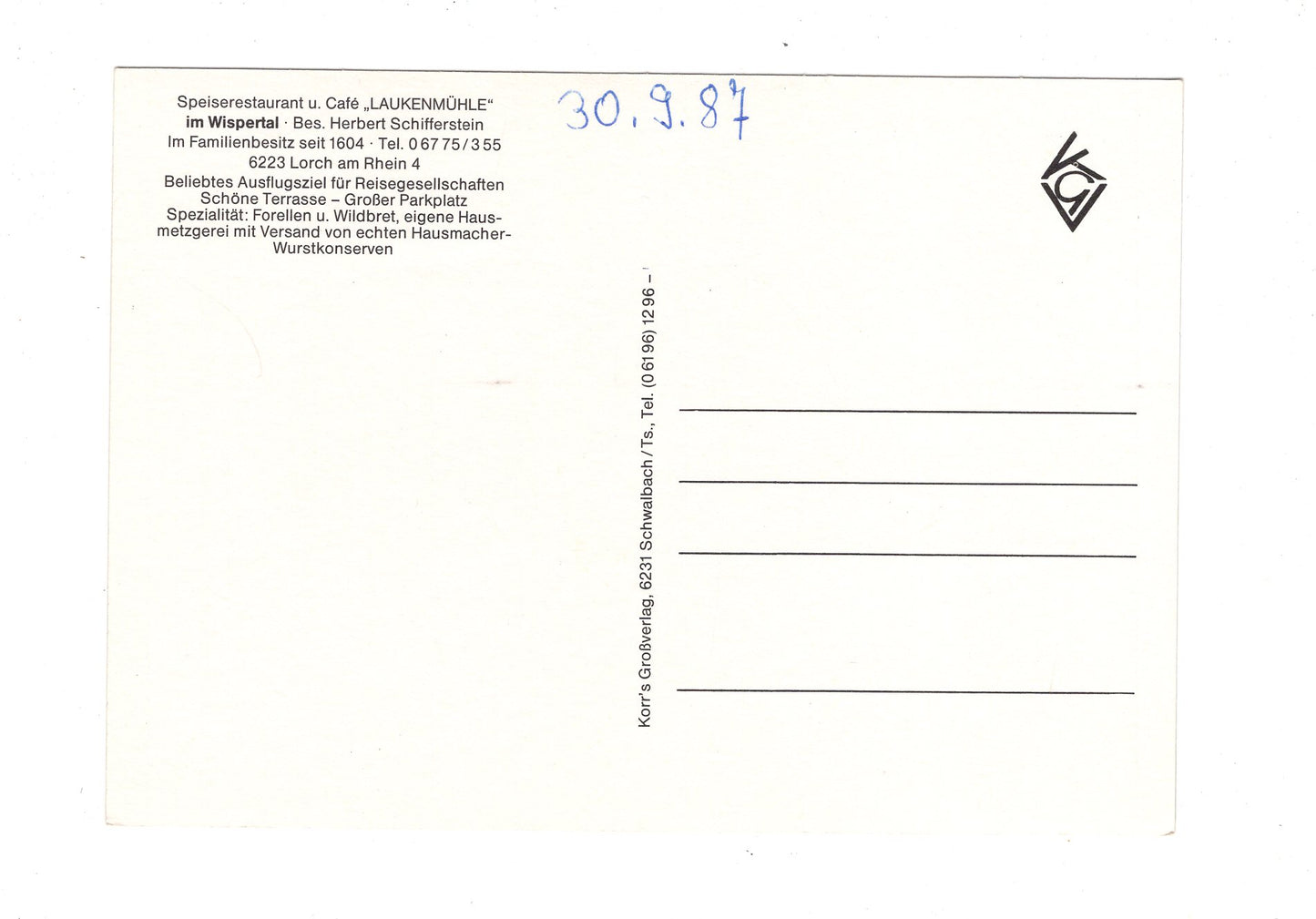 Ansichtskarte Restaurant und Café Laukenmühle im Wispertal / Lorch am Rhein / H1-60