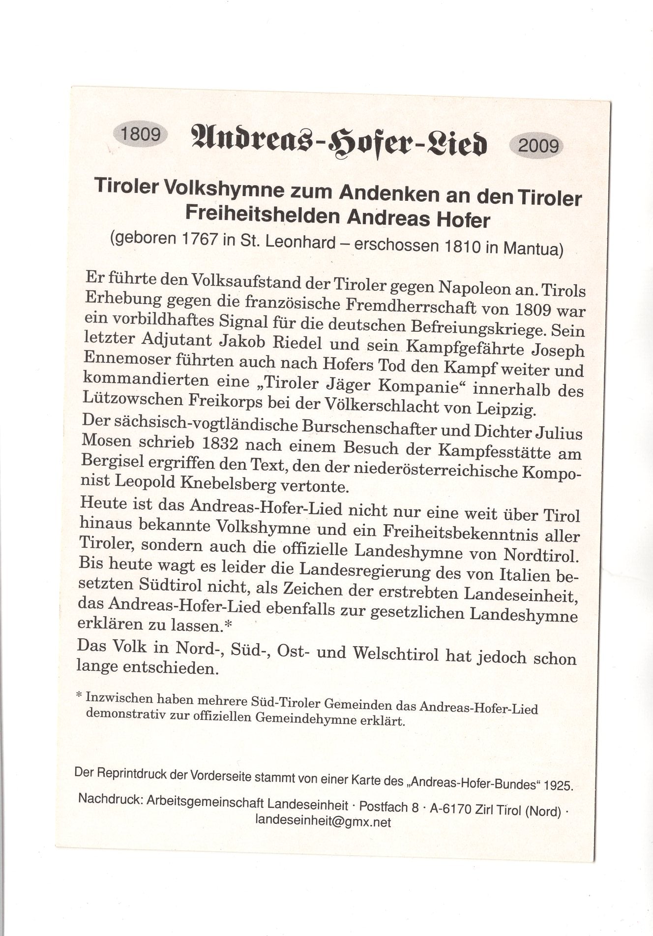Ansichtskarte Tiroler Freiheitsheld Andreas Hofer / Andreas-Hofer-Lied