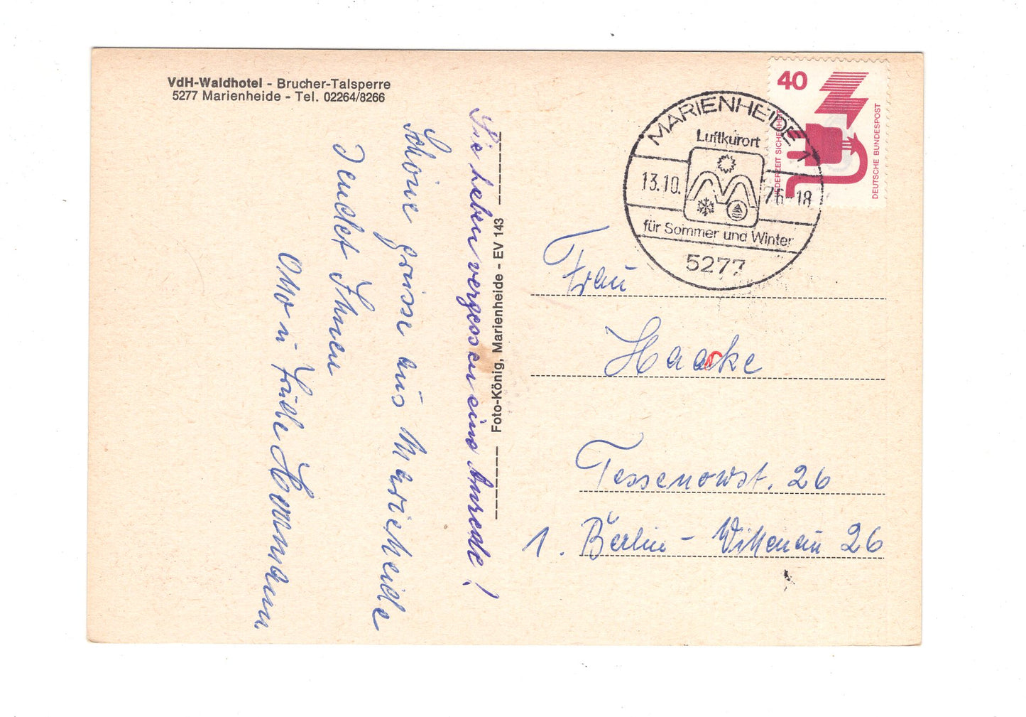 Ansichtskarte VdH Waldhotel Brucher Talsperre / Marienheide / H1-62