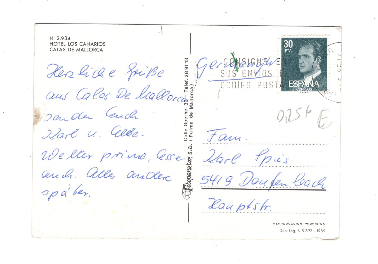 Ansichtskarte Calas de Mallorca / Hotel Los Canarios / Spanien