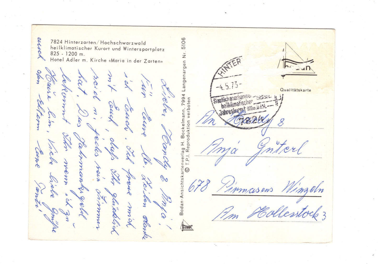 Ansichtskarte Hinterzarten im Hochschwarzwald / Hotel Adler mit Kirche Maria / G1-67