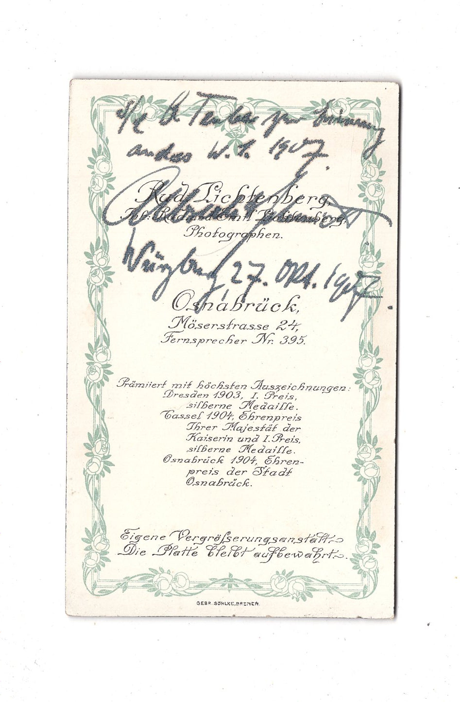 Fotografie Studentika Burschenschaft mit Widmung - Osnabrück / Würzburg 1907 / CDV D1-18