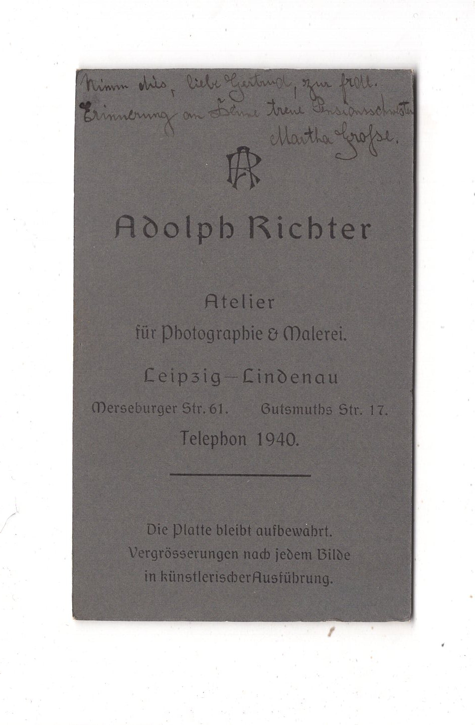 Fotografie Feines junges Mädchen mit Widmung - Leipzig-Lindenau um 1910 / CDV N1-02