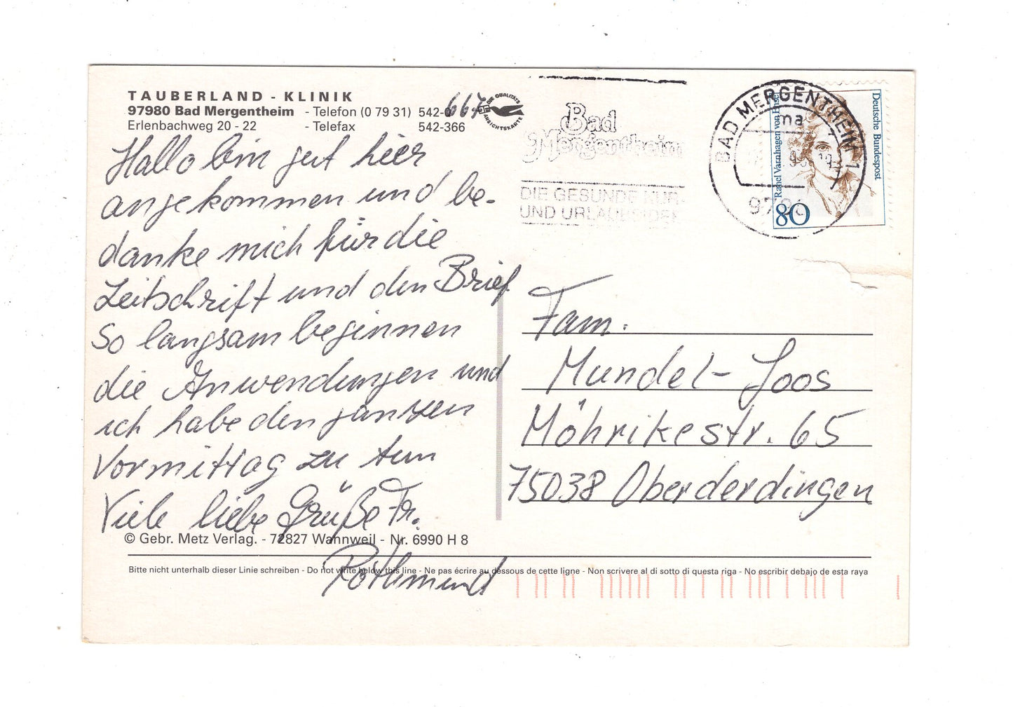 Ansichtskarte Bad Mergentheim / Tauberland-Klinik / J1-61