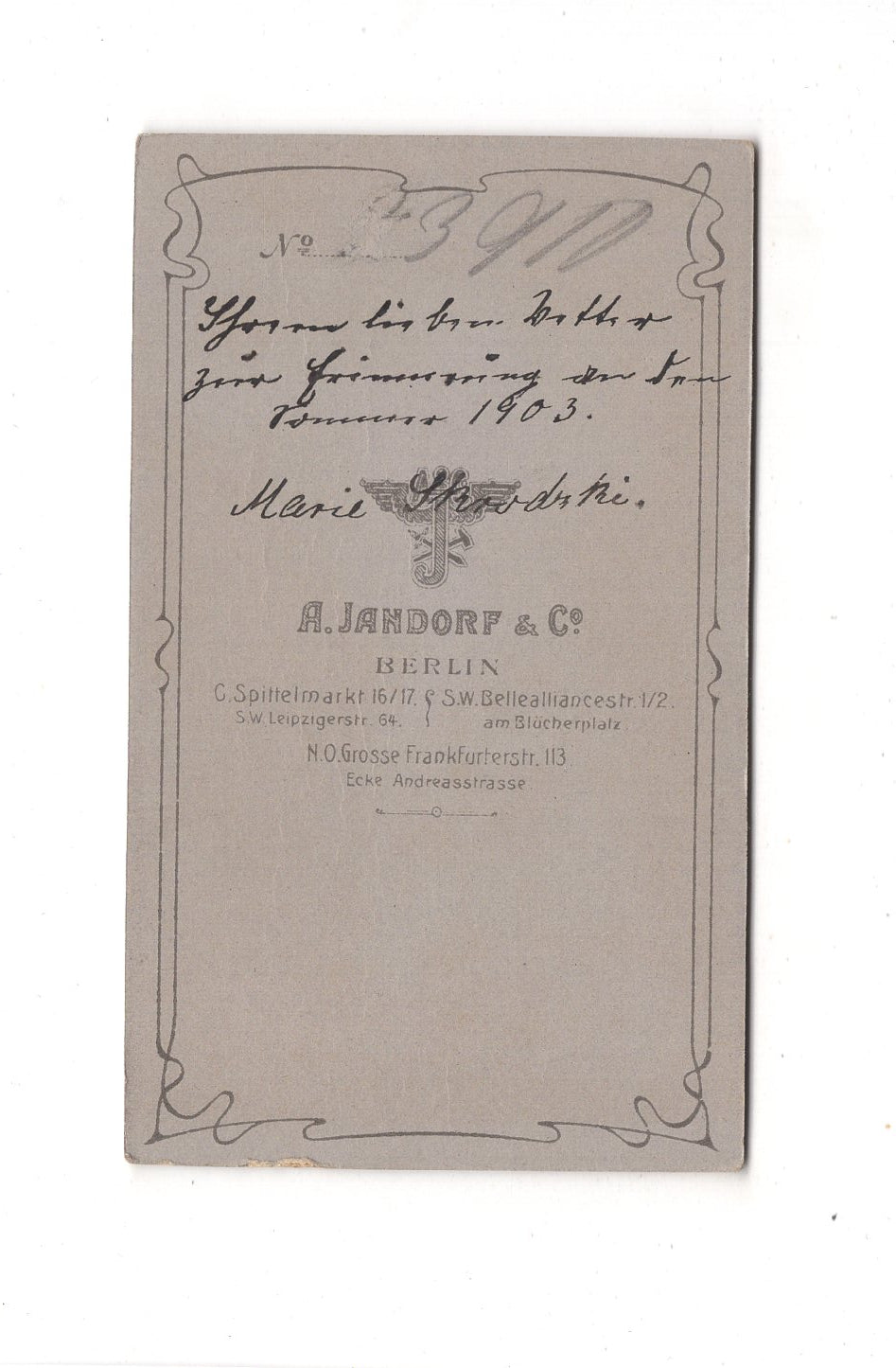 Fotografie Damenportrait mit Widmung - Berlin 1903 / CDV C1-17
