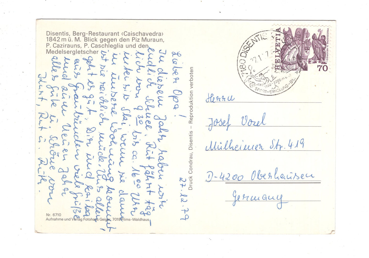 Ansichtskarte Disentis / Bergrestaurant / Schweiz