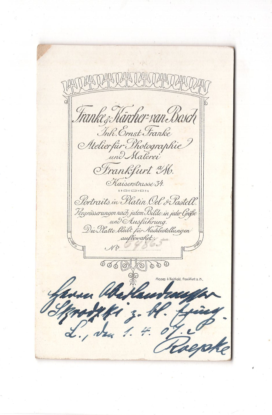 Fotografie Herrenportrait mit Widmung - Frankfurt Main 1907 / CDV C1-18