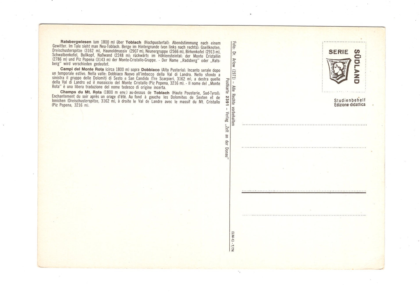 Ansichtskarte Ratsbergwiesen über Toblach / Hochpustertal / Italien