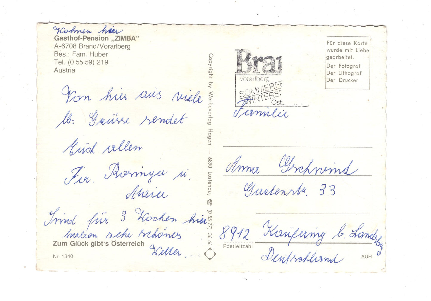 Ansichtskarte Gasthof-Pension Zimba / Brand / Vorarlberg / Österreich