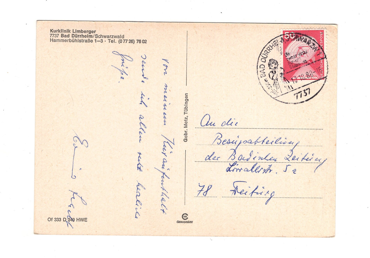 Ansichtskarte Bad Dürrheim / Schwarzwald / Kurklinik Limberger