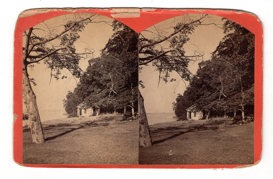 Fotografie Stereoskopie Unbekannte Landschaft mit Haus an der See / USA