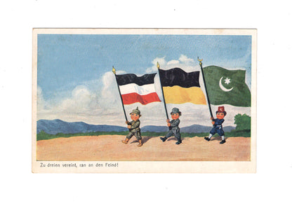 Ansichtskarte / Patriotische Karte / Zu dreien vereint, ran an den Feind
