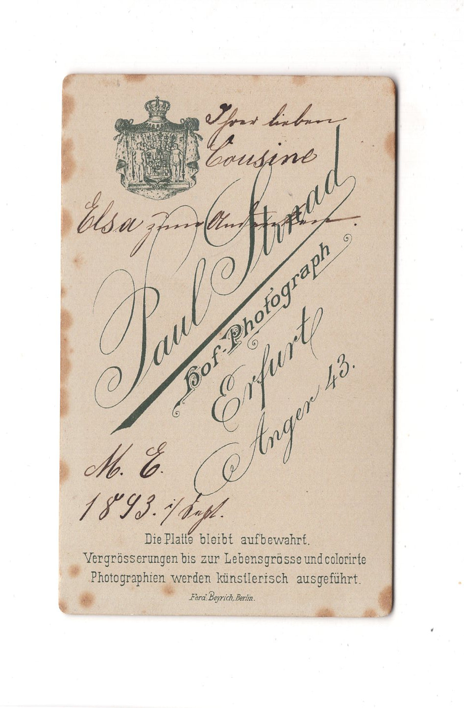 Fotografie Damenportrait mit Widmung - Erfurt 1893 / CDV C1-01