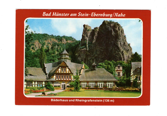 Ansichtskarte Bad Münster am Stein-Ebernburg / Bäderhaus und Rheingrafenstein