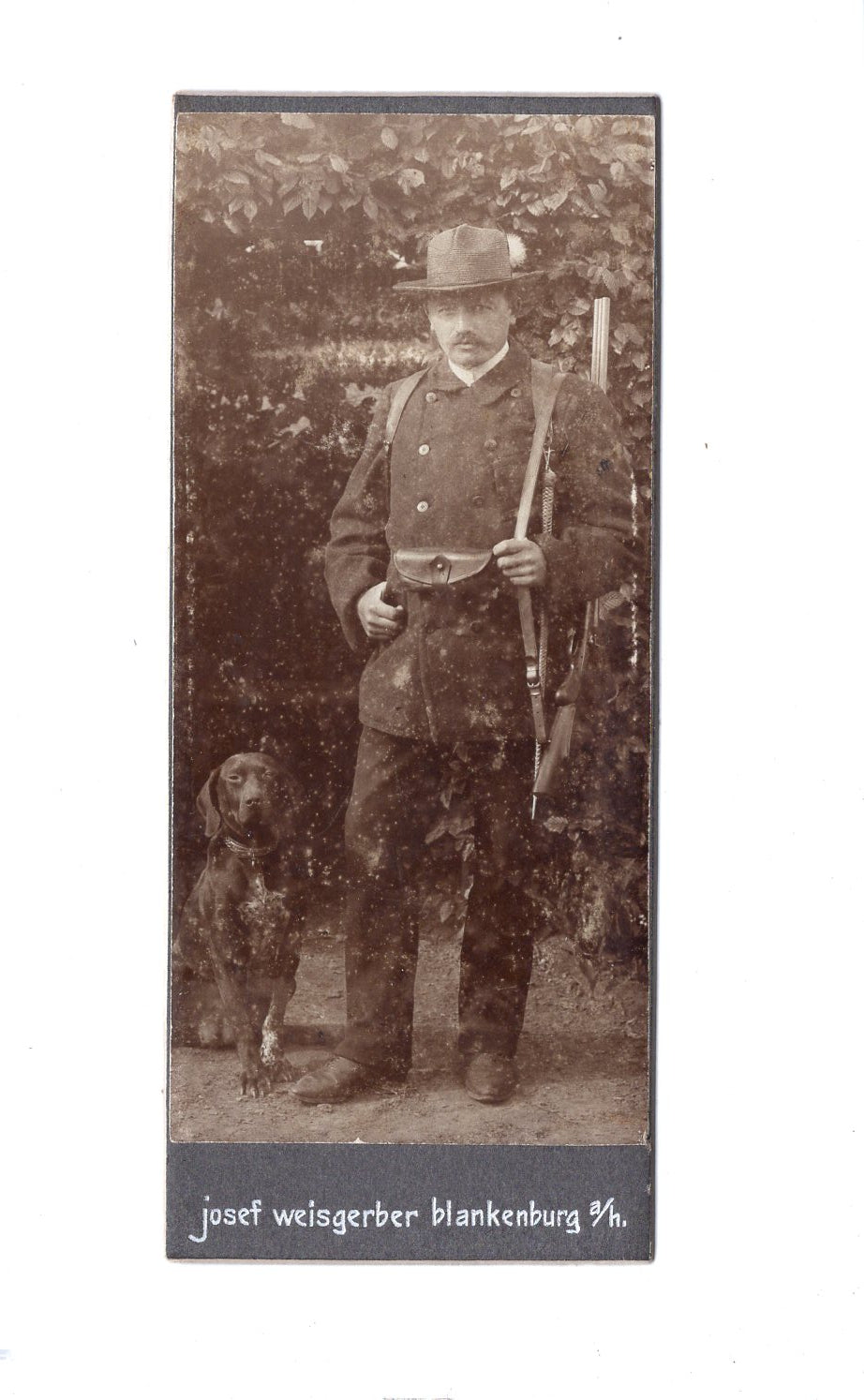 Fotografie Feiner Herr / Jäger mit Gewehr und Hund - Blankenburg / Harz 1900er
