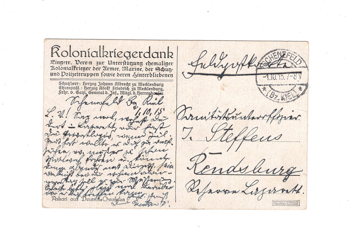 Ansichtskarte / Feldpost / Kolonialkriegerdank - 1915