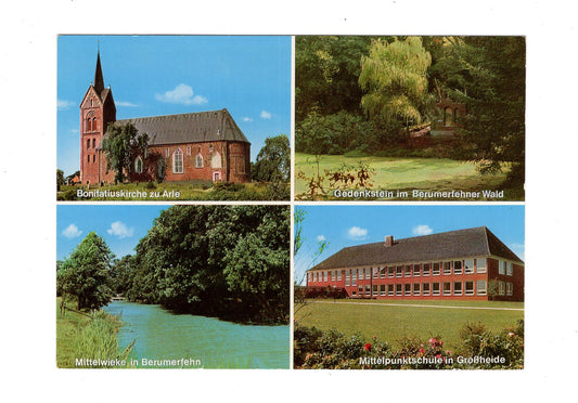 Ansichtskarte Bonifatiuskirche zu Arle / Mittelpunktschule in Großheide +++