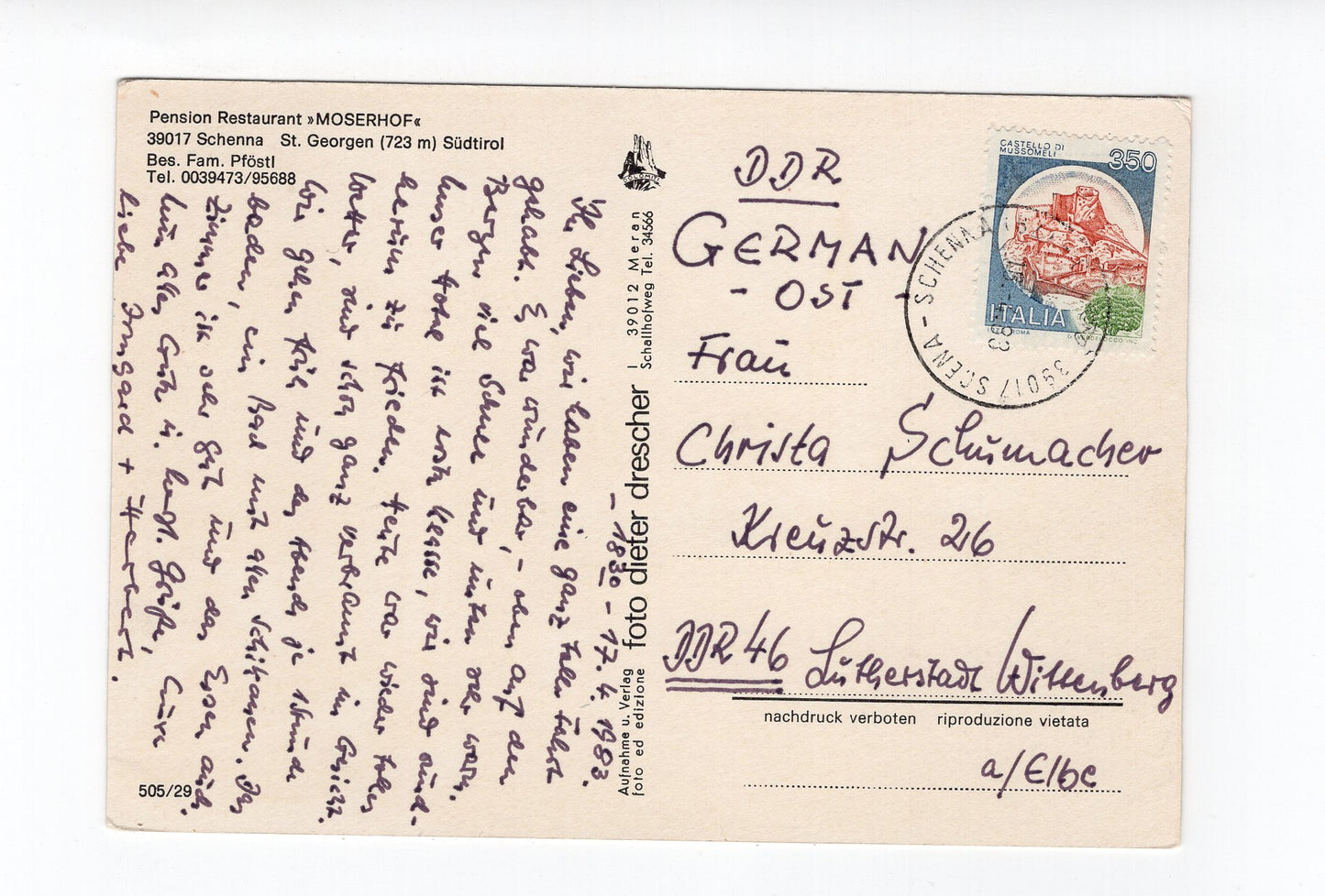 Ansichtskarte Pension Restaurant Moserhof / Schenna - St. Georgen / Südtirol / Italien