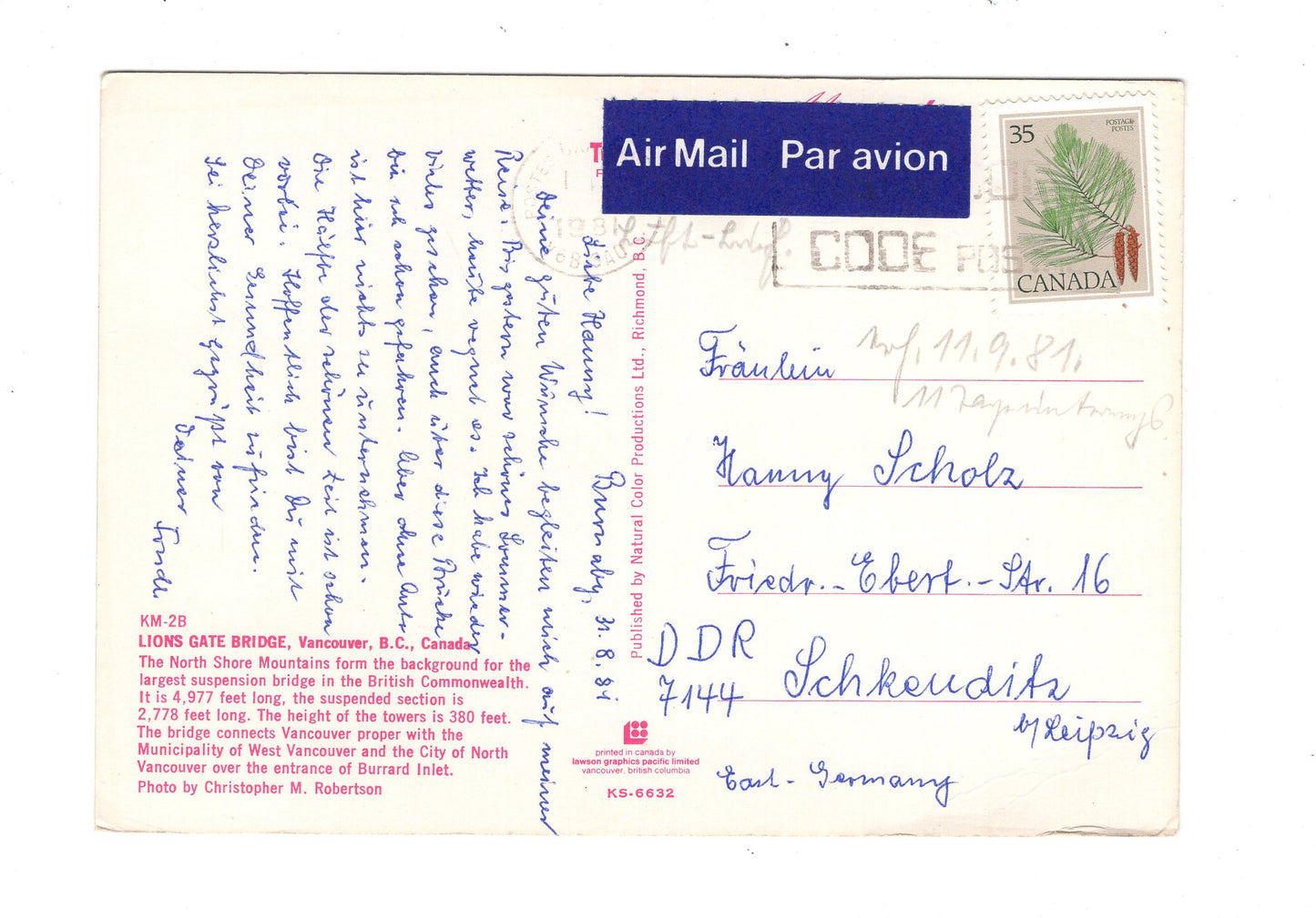 Ansichtskarte Lions Gate Bridge / Vancouver / British Columbia / Kanada