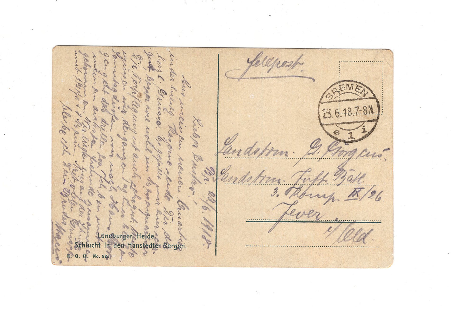 Ansichtskarte / Feldpost / Lüneburger Heide - Bremen 1918