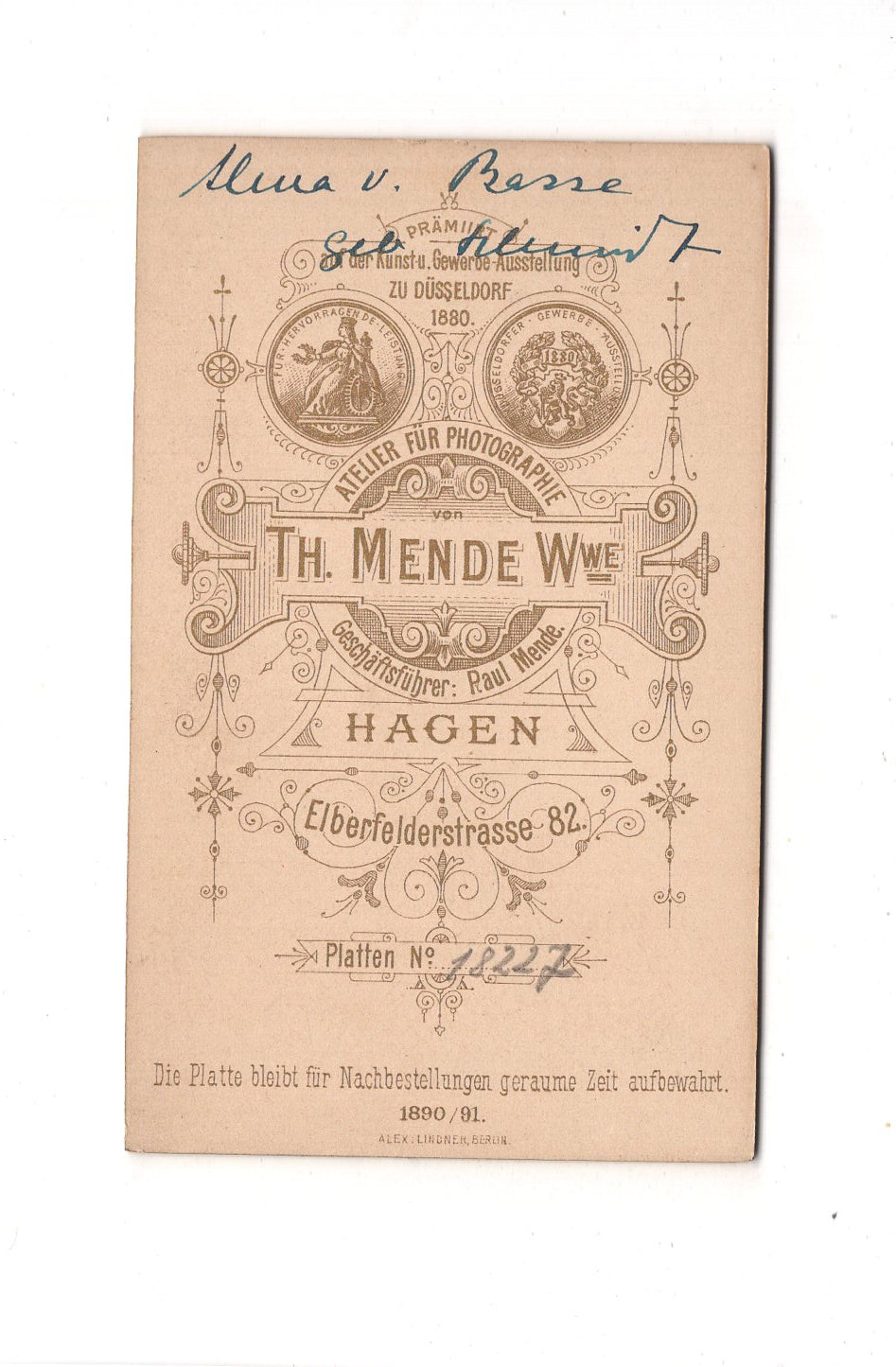 Fotografie Damenportrait / benannt - Hagen in Westfalen 1890/91 / CDV C1-04