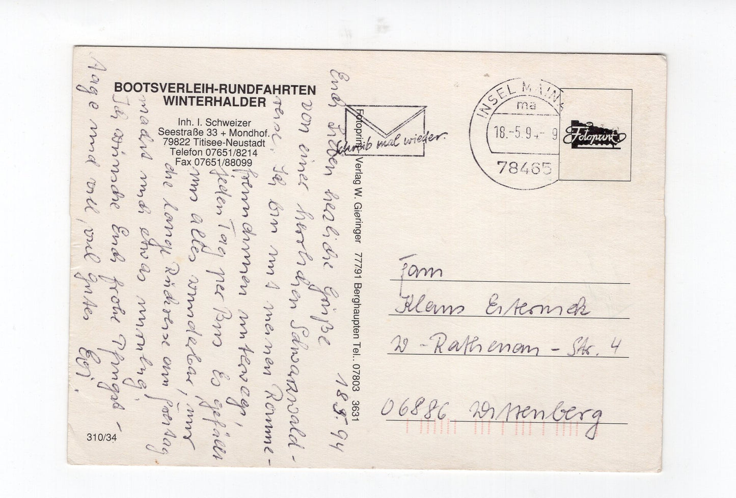 Ansichtskarte Titisee-Neustadt / Bootsverleih-Rundfahrten Winterhalder