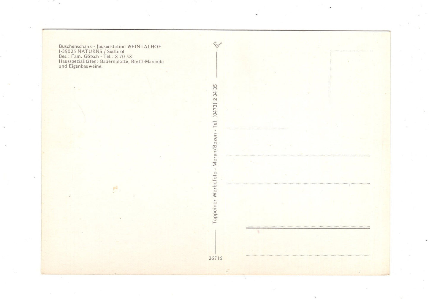 Ansichtskarte Jausenstation Weintalhof / Naturns / Südtirol / Italien