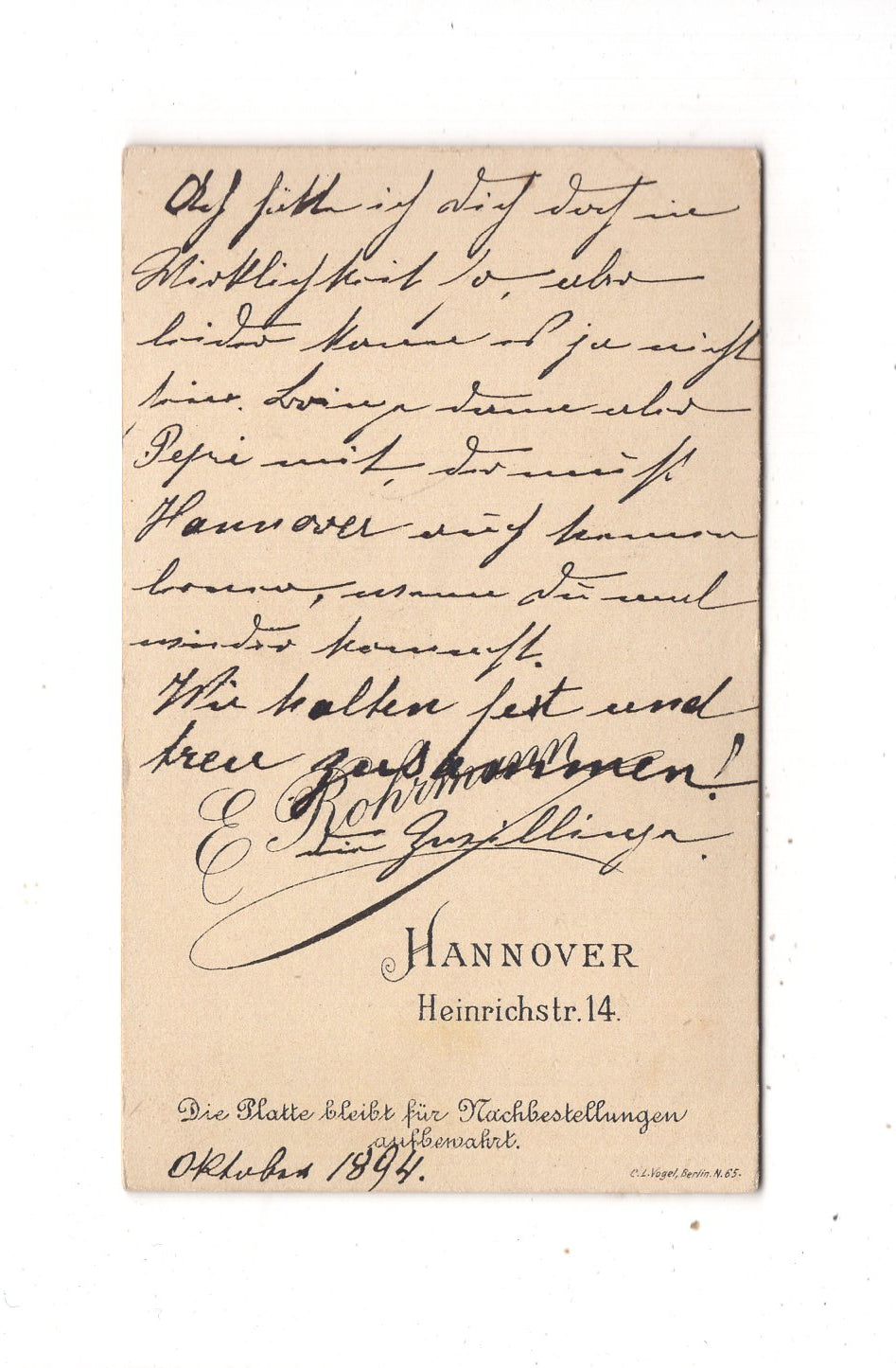 Fotografie Damenportrait mit Widmung - Hannover 1894 / CDV N1-15