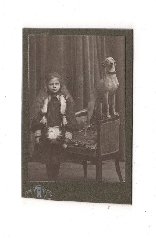 Fotografie Niedliches kleines Mädchen mit Hund - München um 1910 / CDV M1-29
