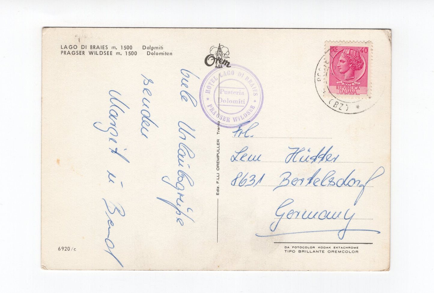 Ansichtskarte Dolomiten / Pragser Wildsee / Südtirol / Italien