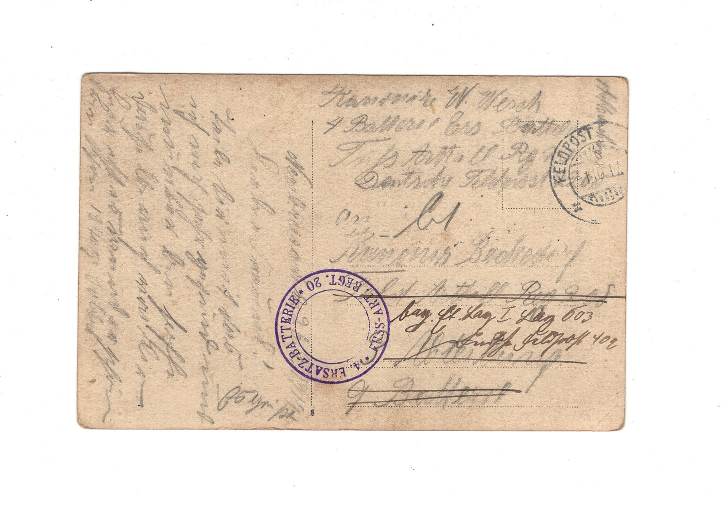 Ansichtskarte / Feldpost / Soldaten Fuß-Art. Regt. 20 - 1917