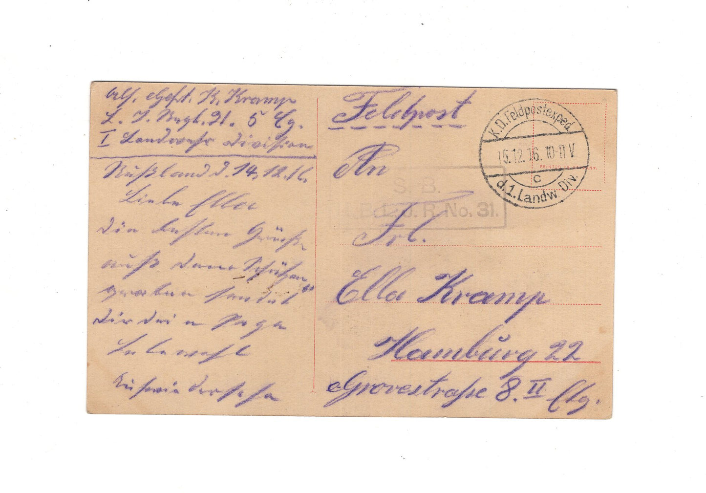 Ansichtskarte / Feldpost / Landw. Inf. Regt 91 - Russland 1916