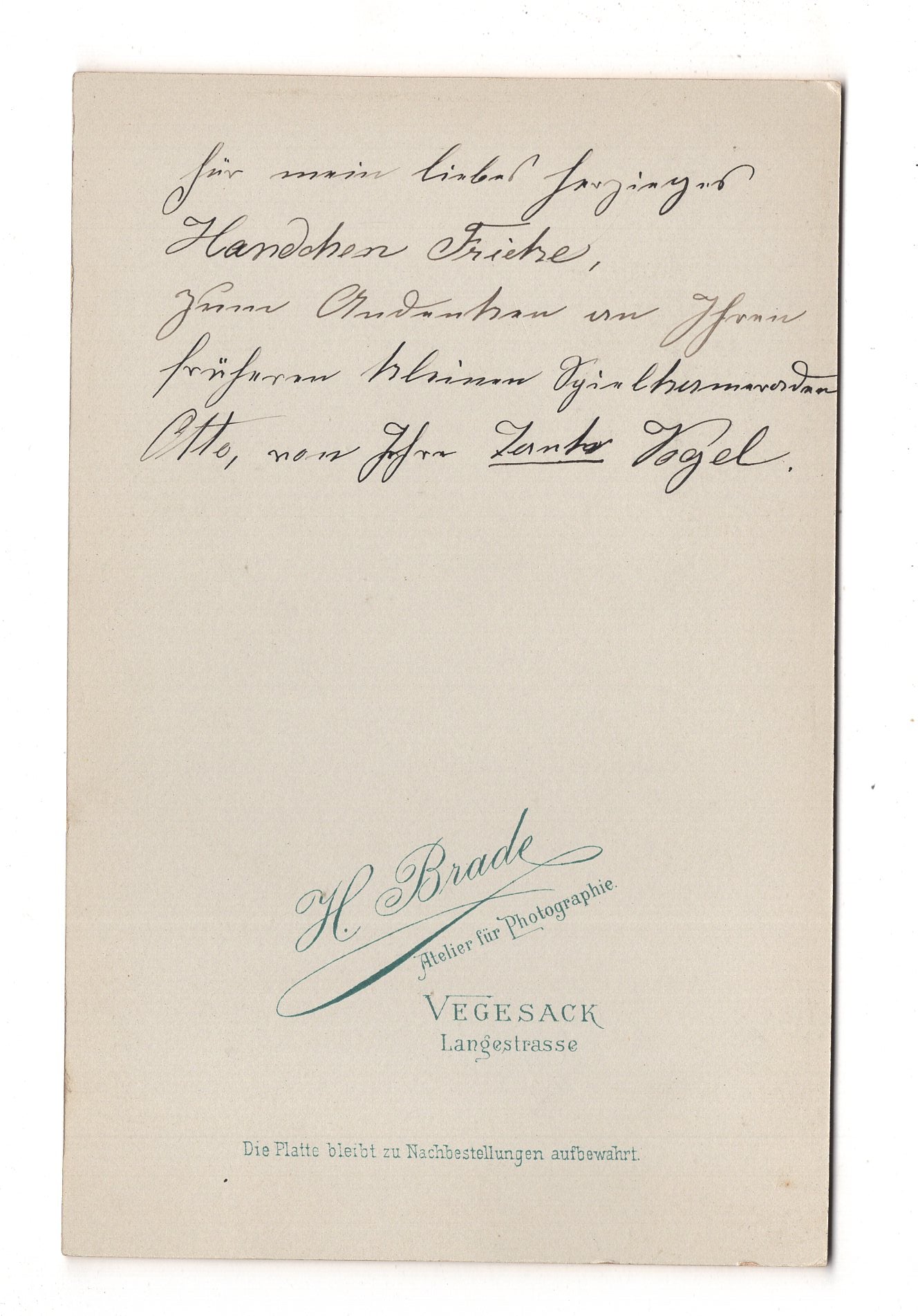 Fotografie Niedlicher kleiner Junge mit Widmung - Vegesack 1890er / CAB U-29