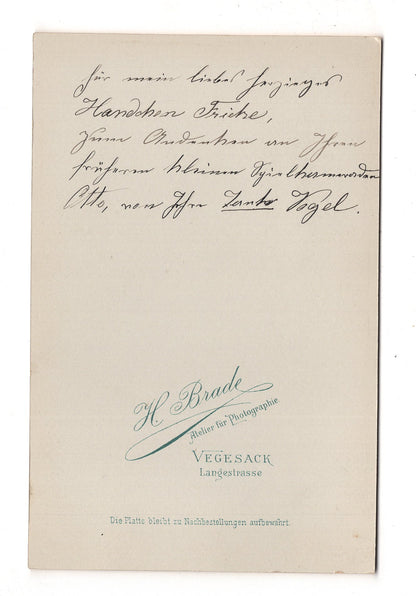 Fotografie Niedlicher kleiner Junge mit Widmung - Vegesack 1890er / CAB U-29