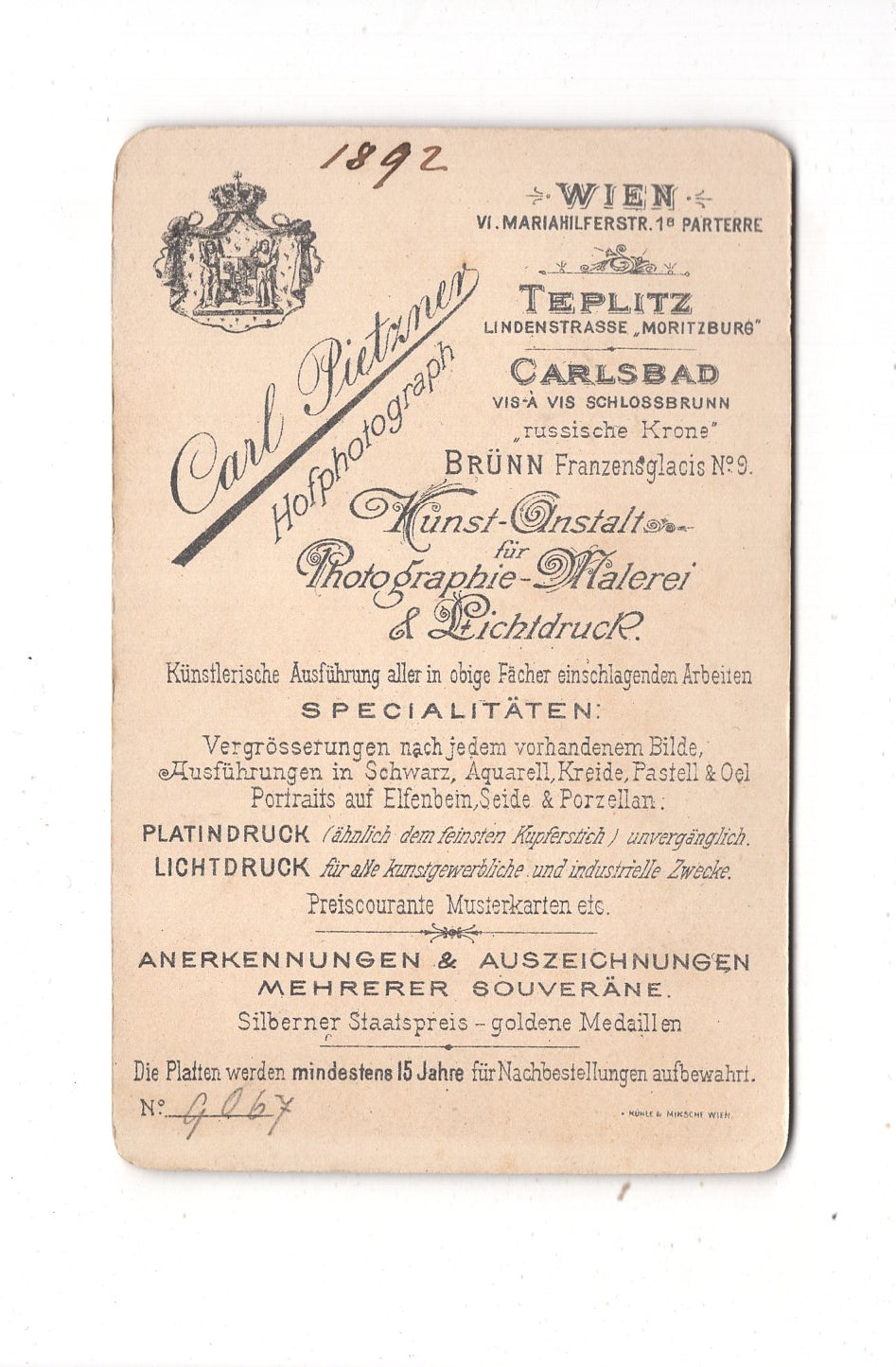 Fotografie Damenportrait - Wien / Teplitz / Karlsbad 1892