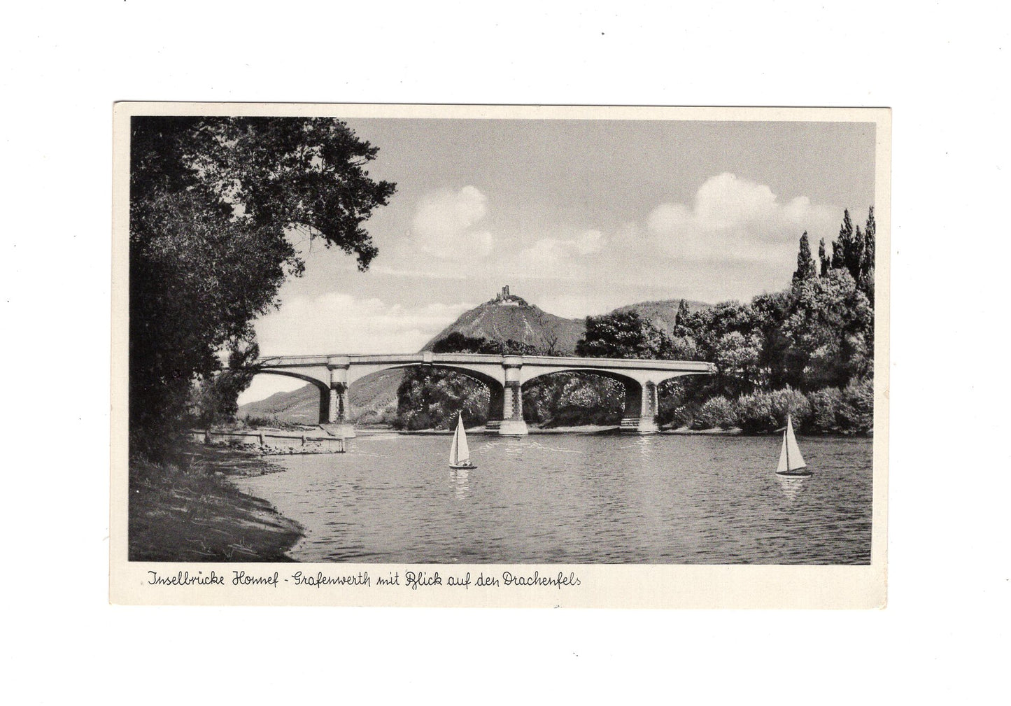 Ansichtskarte Inselbrücke Honnef-Grafenwerth mit Blick auf den Drachenfels