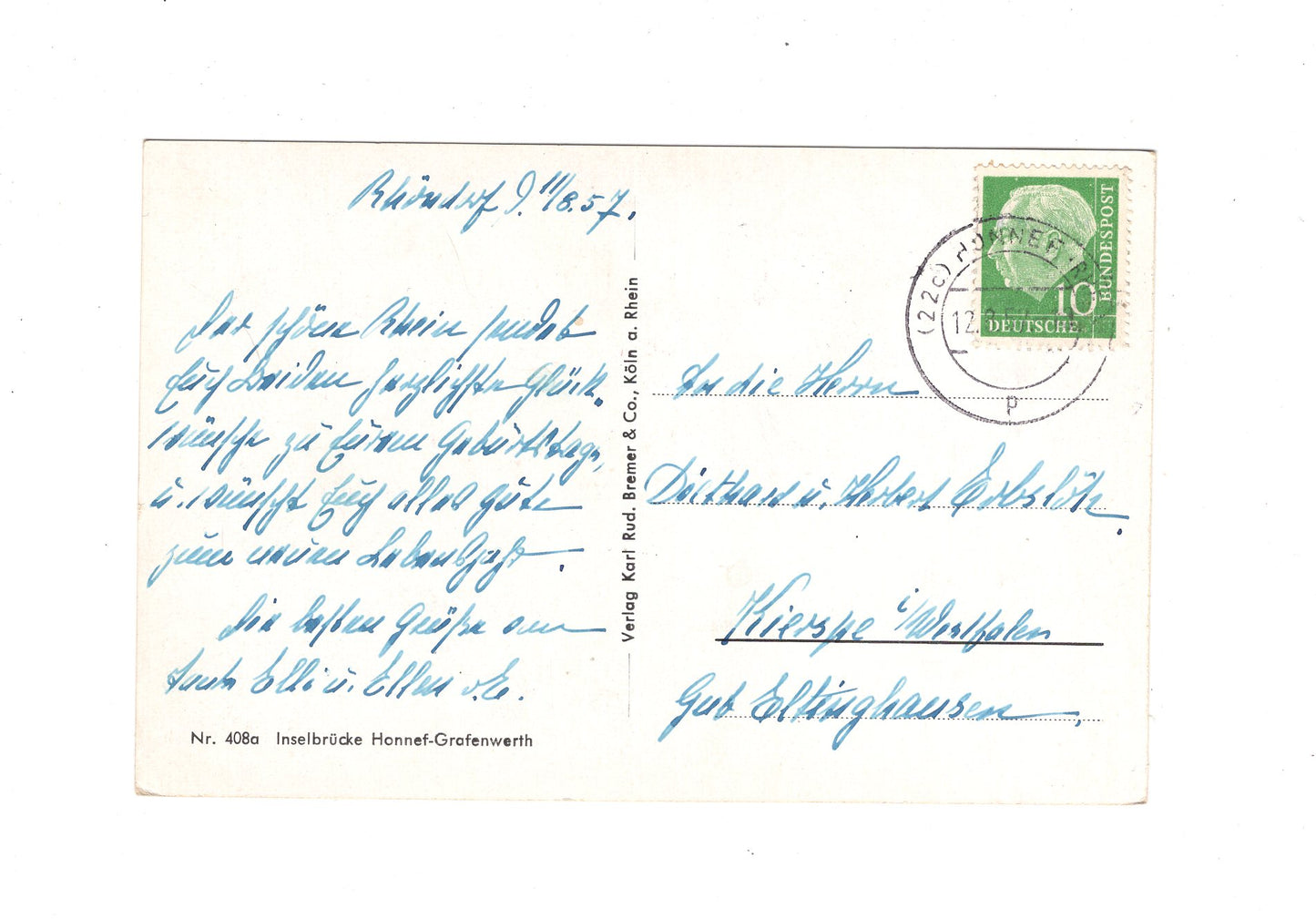 Ansichtskarte Inselbrücke Honnef-Grafenwerth mit Blick auf den Drachenfels